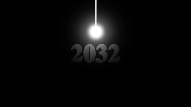 Futuristic Swinging Light Pendulum Revealing Year 2032 Text Overlay Symbolizing Upcoming New Year Countdown Future History Concept on Black Background.