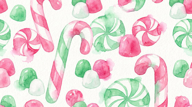 Watercolor Christmas candy pattern featuring pink and green striped candy canes, round peppermint swirls, and gumdrops on a white textured background. Festive sweet treat design