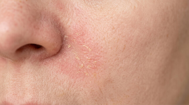 Close up of dry flaky red irritated skin on face near nose