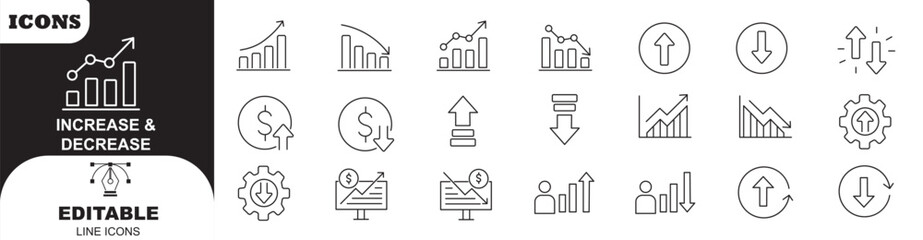 Naklejka premium Increase and Decrease Line Icons. Editable Stroke, Contains such icons as Arrow, Chart, Diagram, Finance, Direction, Graph, Growth, Interest Rate, Investment, Performance, Stock Market, Data. stock il
