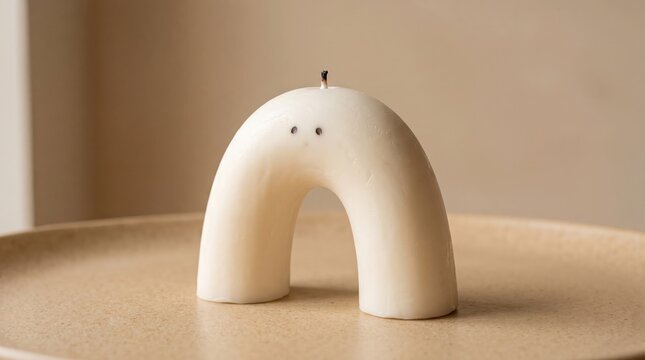 Arch shaped white decorative candle with cute face on a round stone plate sculptural candle minimalist decor wax candle table decor home accessories modern candle arch shape scented cand
