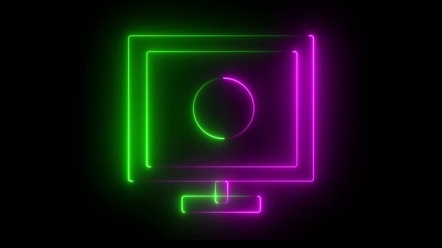 Neon green and pink color computer screen displaying network connection symbol on black background .