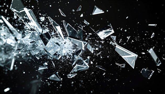 Dramatic glass fragments exploding through dark space creating sharp dynamic shards