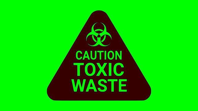 animated triangular caution toxic waste warning sign with biohazard symbol and flashing red light on a green screen chroma key background