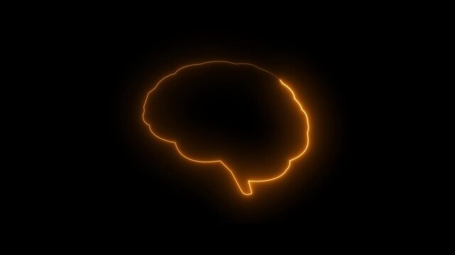 Glowing Neon Brain Organ Icon. Medical futuristic technology of the neon lines drawing a man brain on black background.