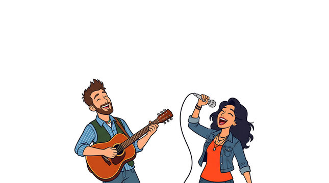 Man playing acoustic guitar and woman singing into microphone cartoon vector illustration isolated on white background