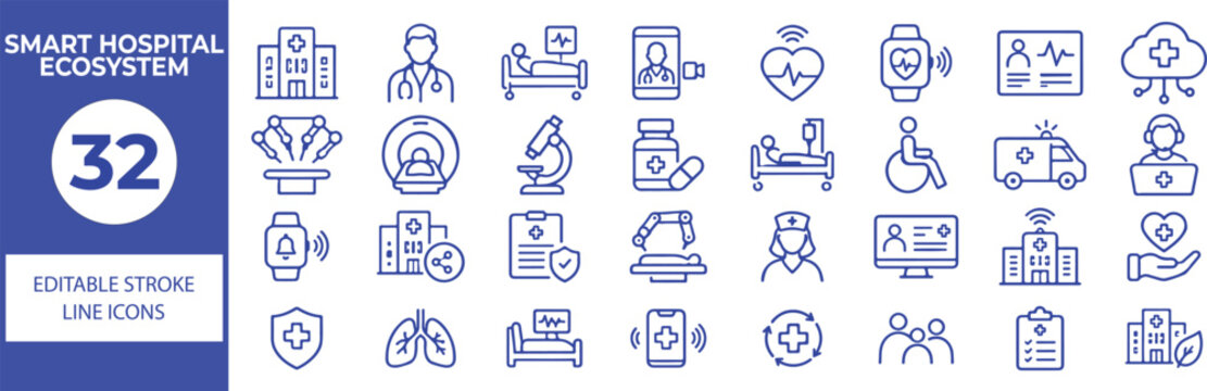 32 Smart Hospital Ecosystem Vector Outline Icons Set,Connected Healthcare, Medical Technology, Hospital Services and Digital Health Line Symbols Collection