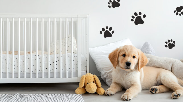 Cozy nursery featuring white crib, soft bedding, and playful paw print decals wall. golden retriever puppy rests beside stuffed toy, creating warm