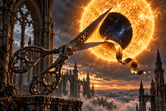 Gothic scissors cutting through a blazing solar eclipse