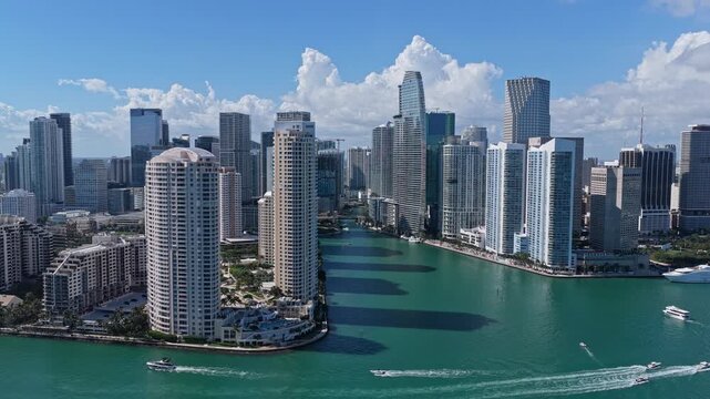 Aerial view of Miami cityscape skyscraper. City skyline aerial cityscape. Brickell Key downtown, 4k. Cityscape of Miami downtown. Florida modern skyscraper in downtown Miami. Aerial view