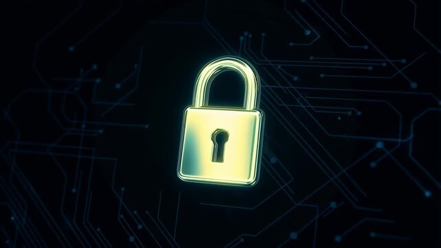 Glowing digital padlock icon hovering over an abstract blue circuit board background