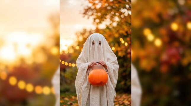 Young kid wearing classic ghost sheet costume holding simple orange bucket in autumn forest.