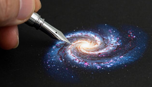 Fingers gripping silver fountain pen nib creating brilliant spiral galaxy with cosmic dust and glowing starlight on dark surface