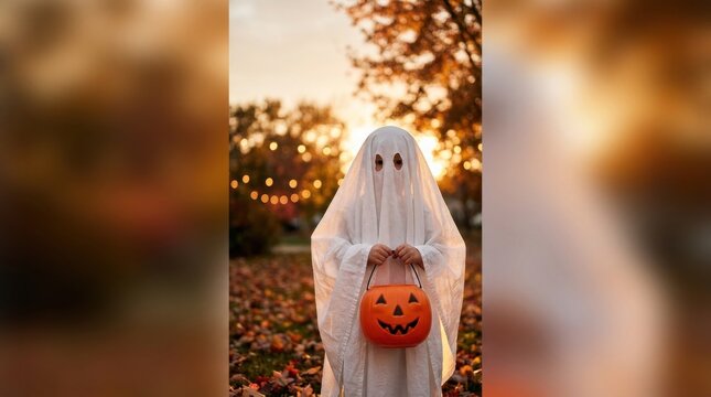Little child in white ghost costume holding orange pumpkin bucket standing in autumn park.