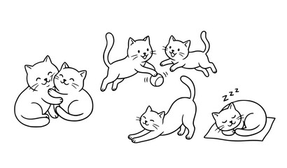 Fototapeta premium Cute Cats Playing Cuddling and Sleeping Kids Vector Illustration Set