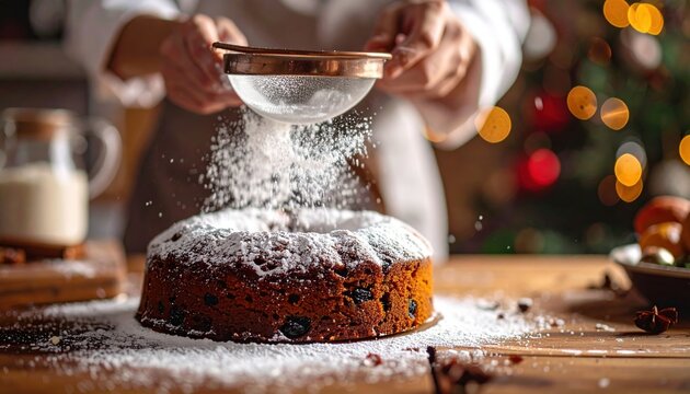Baker dusting powdered sugar over traditional fruitcake using copper sieve in warm festive kitchen