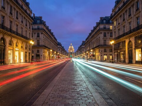 Long exposure of traffic light trails on a street in paris at night with the pantheon in the background