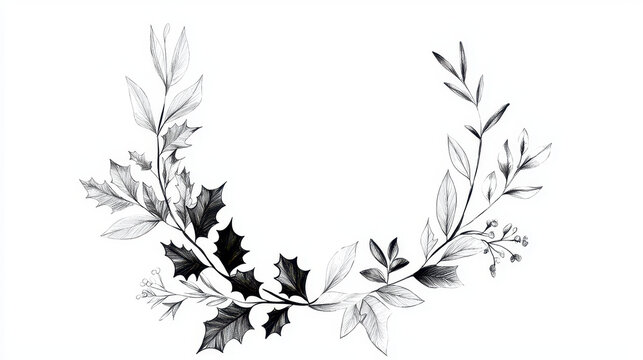 Elegant black and white botanical illustration featuring holly and various leaves, perfect for seasonal decor