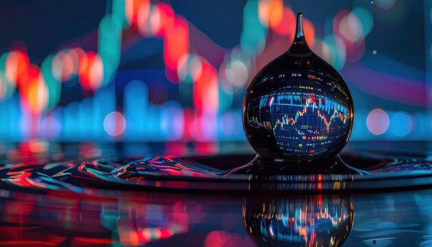 Water drop reflecting bullish and bearish stock market charts representing investment analysis and economic volatility