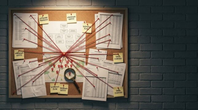 Detective cork board displaying financial documents and red strings showing suspicious money flow.