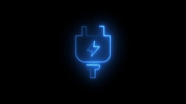 Neon electric plug and battery icon animation showing energy charging or power transfer. Blue color icon on black background.
