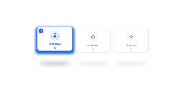 Premium 3D interactive selection interface featuring three clean choice tiles, a moving decision indicator, tactile selection response and blue confirmation state on a transparent background. Designed
