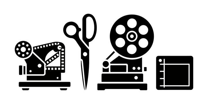 Black and White Vector Illustration Set of Vintage Film Editing Equipment Tools