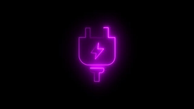 Neon electric plug and battery icon animation showing energy charging or power transfer. pink color icon on black background.