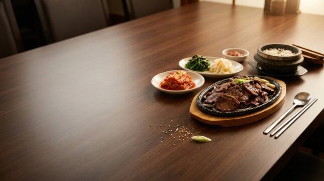 Korean BBQ galbi with rice and kimchi side dishes served on wooden table at restaurant.