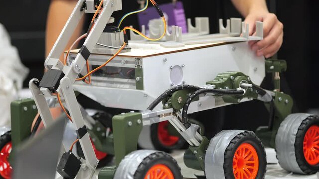 Small robot with orange wheels and mechanical arms. Person holds the robot. Wires connect its components. The robot has a white and green body. It is an educational or demonstration model