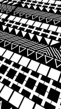 black and white geometric pattern loop with abstract shapes and optical illusion movement. Vertical motion graphic