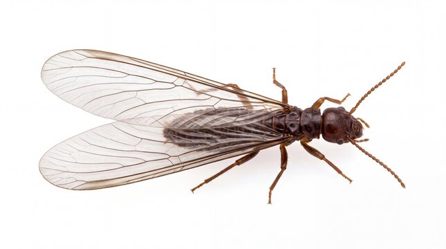 Winged brown termite showing detailed anatomical features and translucent veins isolated view on white background