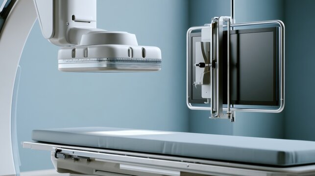 Modern medical imaging c arm and examination table in clinical room background for healthcare brochure website and equipment presentation