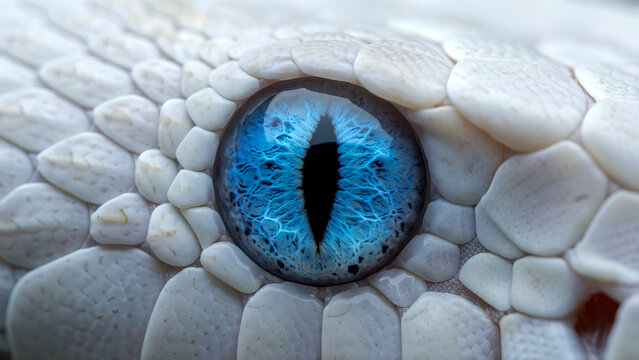 Extreme close up of a white snake eye with a vibrant blue iris.