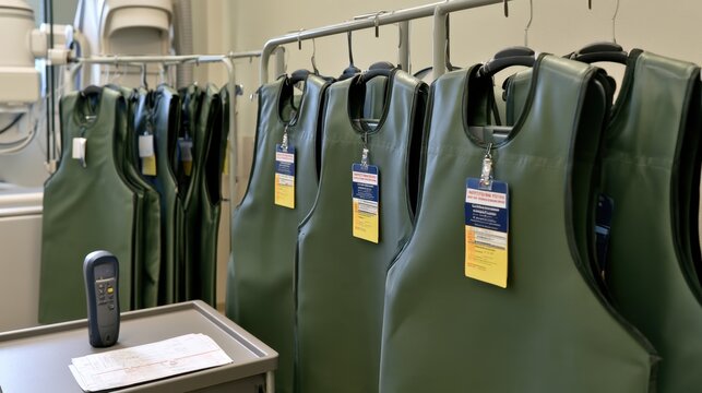 Lead apron radiology safety rack with hanging protective aprons for medical clinic background and design layout