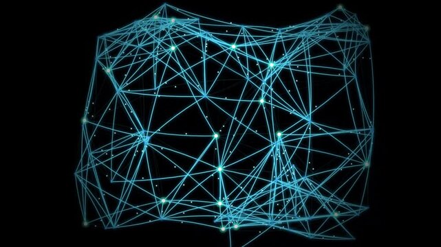 Abstract digital network forming glowing cubes against a dark background with cinematic motion