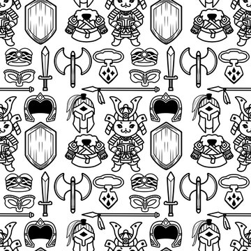 A set of cute, hand-drawn vector cartoon sketches featuring warriors with their gear; a seamless pattern.