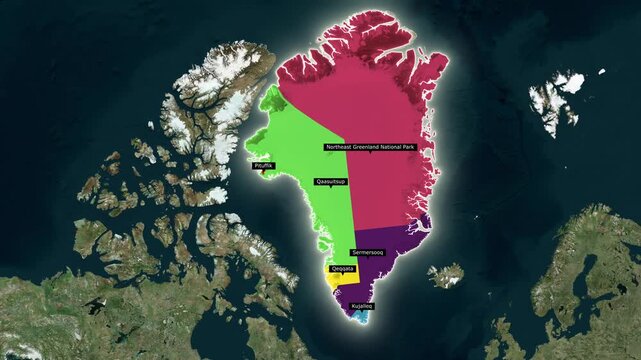 3D Animated Map of Greenland Highlighting Municipalities, Flag Overlay, and Arctic Region Borders