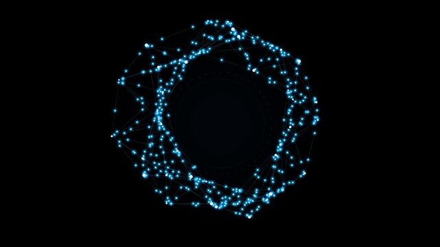 Abstract blue particles swirling in a hexagonal vortex against a dark backdrop with subtle light