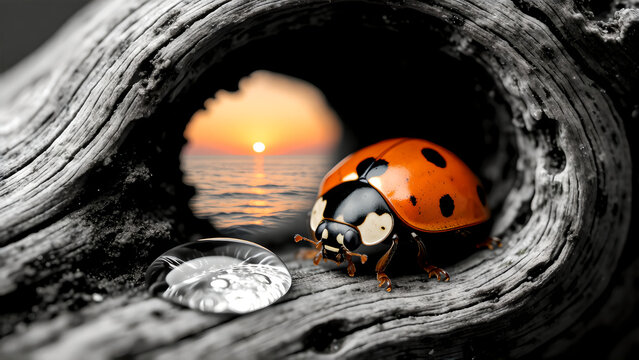 A ladybug resting on weathered wood with a sunset ocean view inside a hollow log.