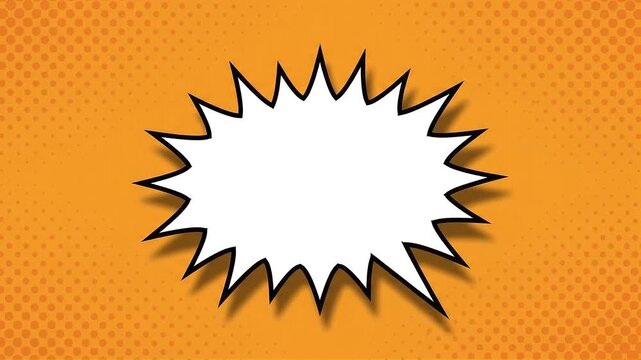 Comic book speech bubble on orange halftone background, blank retro cartoon explosion cloud, pop art video template for text