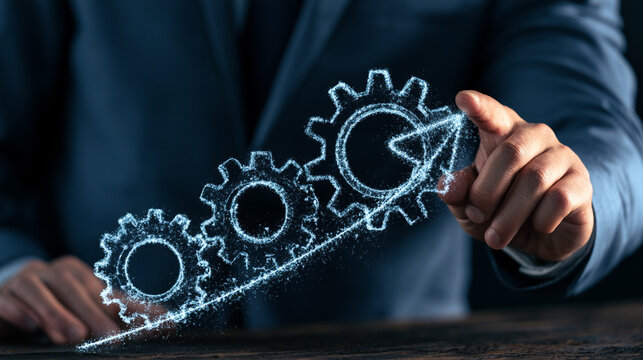 A businessman interacts with digital gears, symbolizing progress and innovation in the corporate world. The holographic design highlights a modern approach to industry growth.