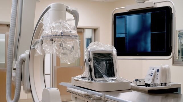 Interventional radiology sterile covered imaging equipment and monitor with surgical drape in hospital cath lab for medical design poster background