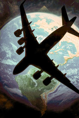 Fototapeta premium Aerial view of a plane soaring through the clouds, with the curvature of the Earth visible in the distance vertical frame