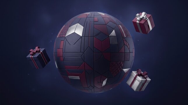 3d After-Christmas Sale abstract background design new 2026 3d globe with floating gift boxes in dark space background isolated on transparent background, illustration
