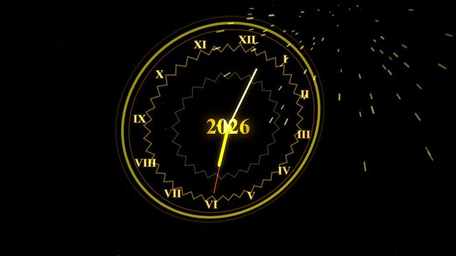Golden clock face with roman numerals showing the year 2026 on a dark background