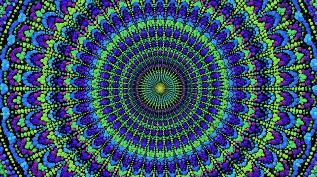 Vibrant mandala pattern featuring intricate dot art in neon blue, purple, and green. Use this psychedelic geometric design for mindfulness and spiritual wellness backgrounds.