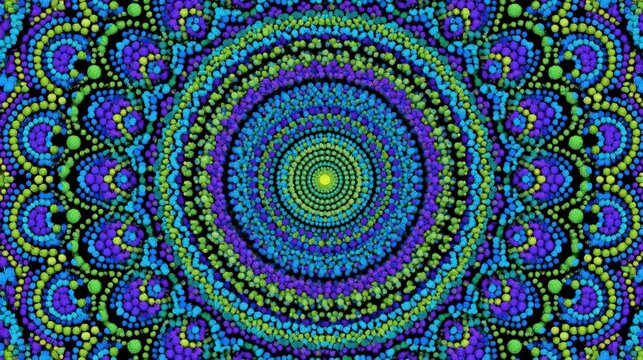 A vibrant digital mandala pattern created with layered blue, green, and purple dots. Perfect for spiritual wellness designs and abstract background art projects.