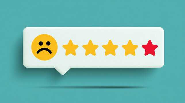 A digital illustration conveying a negative review with a sad face and four yellow stars next to one red star, symbolizing dissatisfaction and the importance of feedback.
