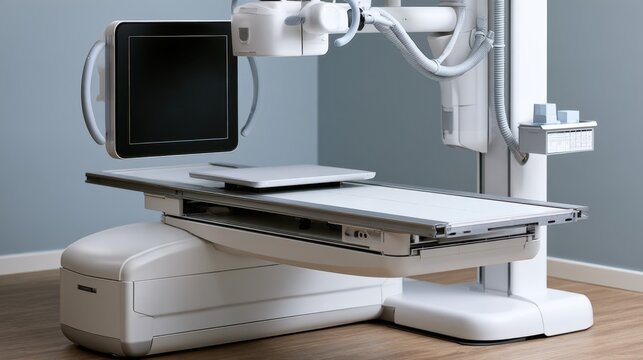 Modern radiology xray medical equipment table and detector in hospital room for healthcare brochure poster background and medical website design